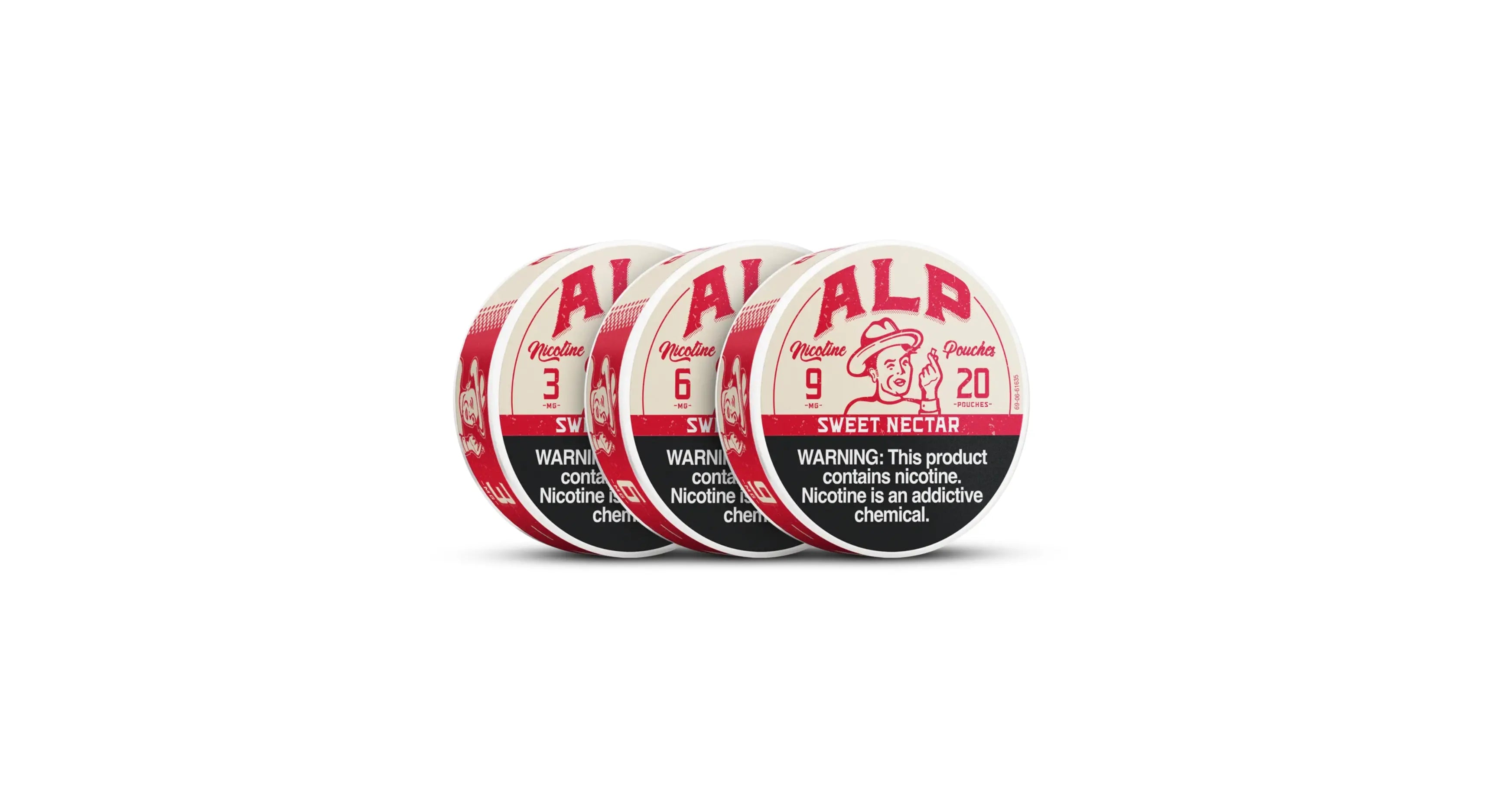 Premium nicotine pouches ALP Sweet Nectar tins in 3mg, 6mg, and 9mg lineup on white.