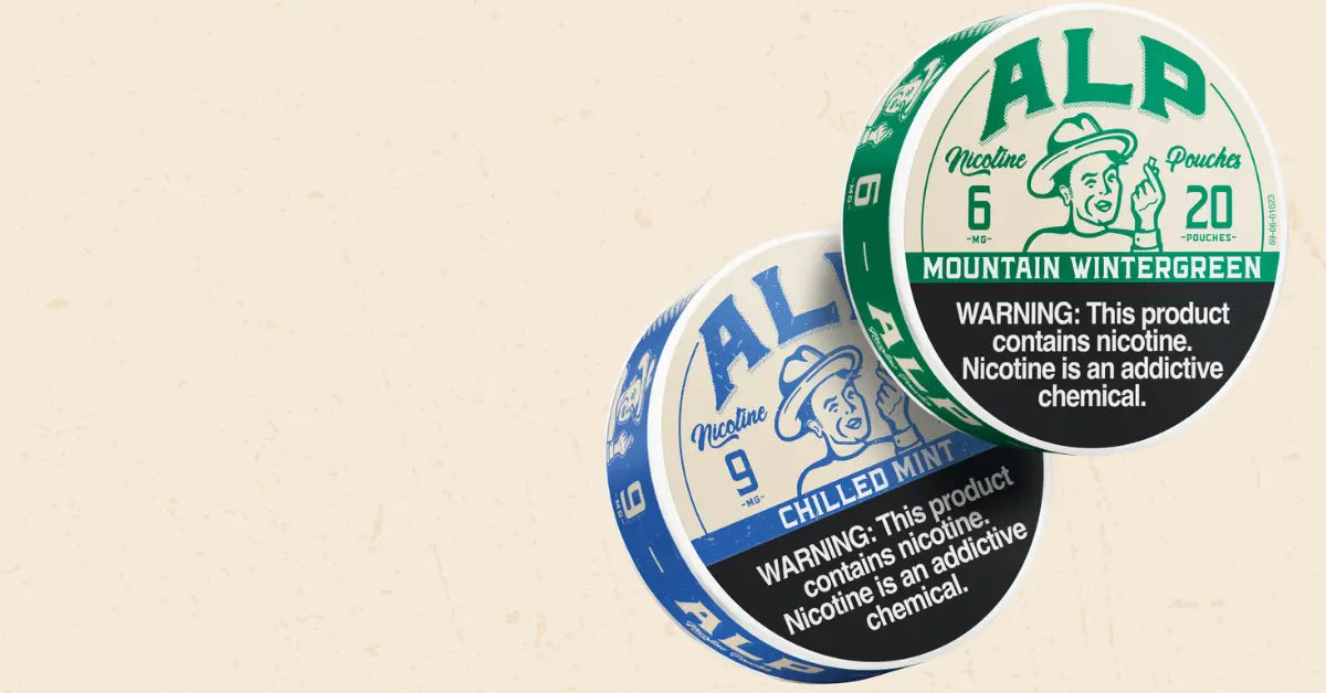 Nicotine replacement pouches from ALP featuring Chilled Mint and Mountain Wintergreen flavors with 6mg and 9mg strengths.