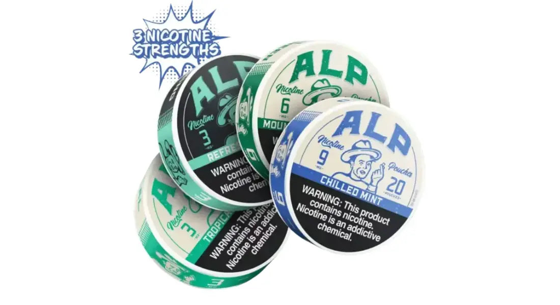 Beginner nicotine pouches in three strengths displayed in various ALP flavors for easy dosing choice.