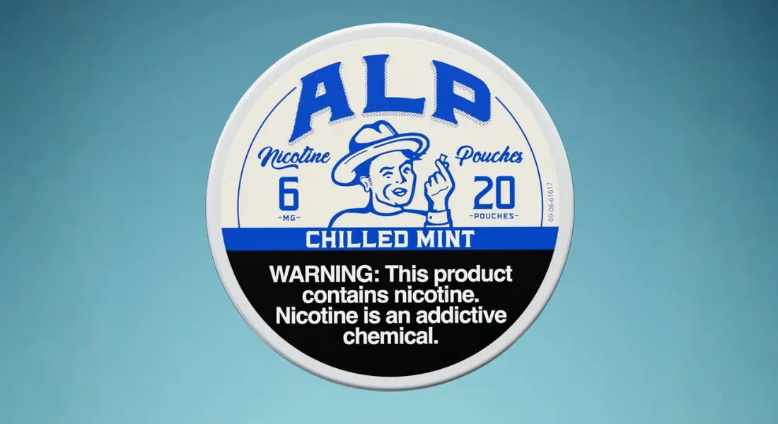 High-moisture nicotine pouches tin labeled ALP Chilled Mint with 6mg strength and 20 pouches against a blue background