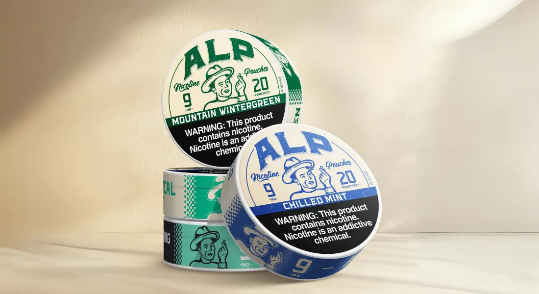 Nicotine pouch flavor trends presented with stacked ALP tins highlighting Mountain Wintergreen and Chilled Mint.
