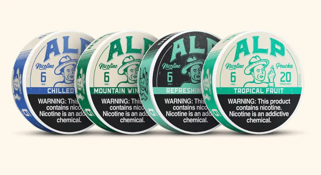 Smoke-free nicotine alternative featuring four ALP nicotine pouch tins in different flavors, all labeled with nicotine warnings.