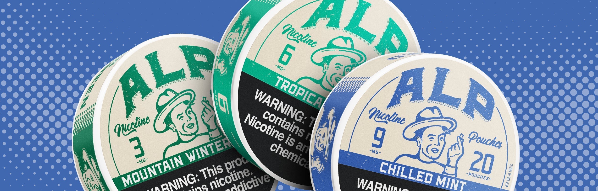 ALP nicotine pouches in Mountain Winter, Tropical, and Chilled Mint flavors against a dotted blue background.