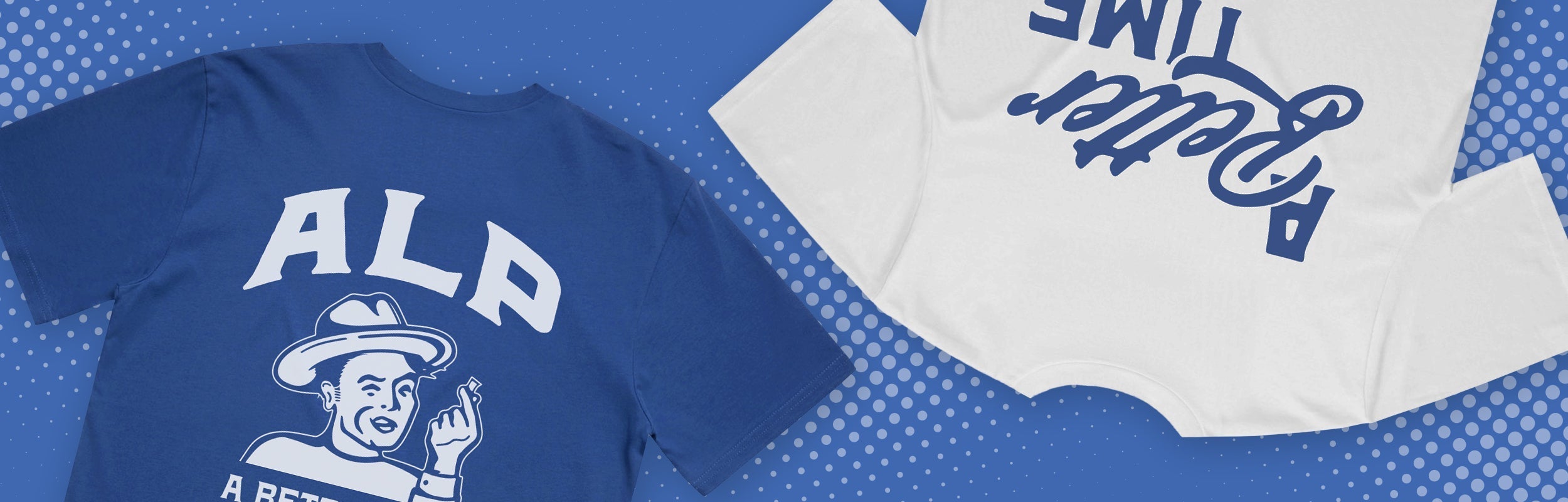 ALP-themed blue and white T-shirts featuring bold branding and designs against a dotted blue background.