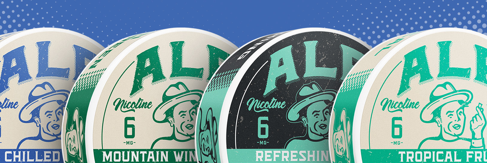 Nicotine pouches with ALP branding in Chilled, Mountain Winter, Refreshing, and Tropical Fruit flavors against a dotted blue background.