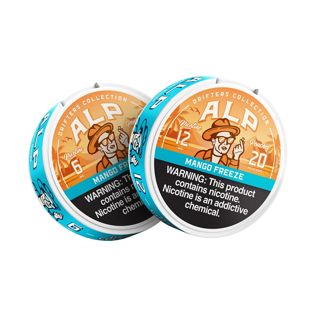 Two ALP Mango Freeze nicotine pouch tins in 6mg and 12mg strengths side by side.
