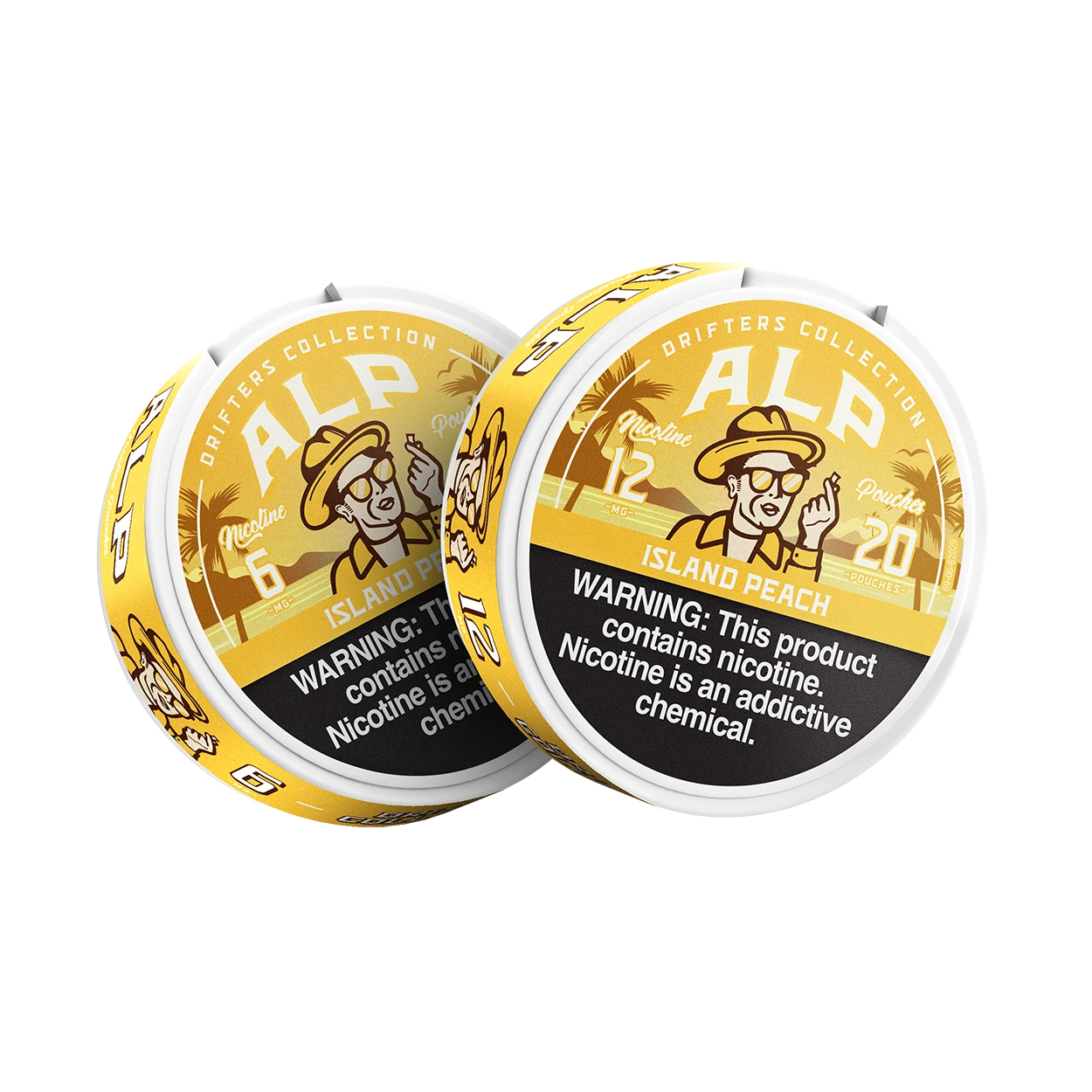 Two ALP Island Peach nicotine pouch tins in 6mg and 12mg strengths side by side with yellow tropical design.