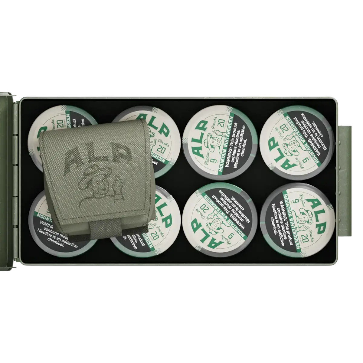 Bulk nicotine pouches neatly arranged in a metal case with ALP branding and an included green tactical pouch.