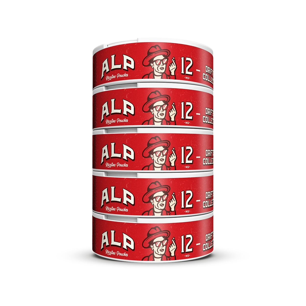 Stack of five red ALP Lemon Raspberry 12mg nicotine pouch tins showing side branding.
