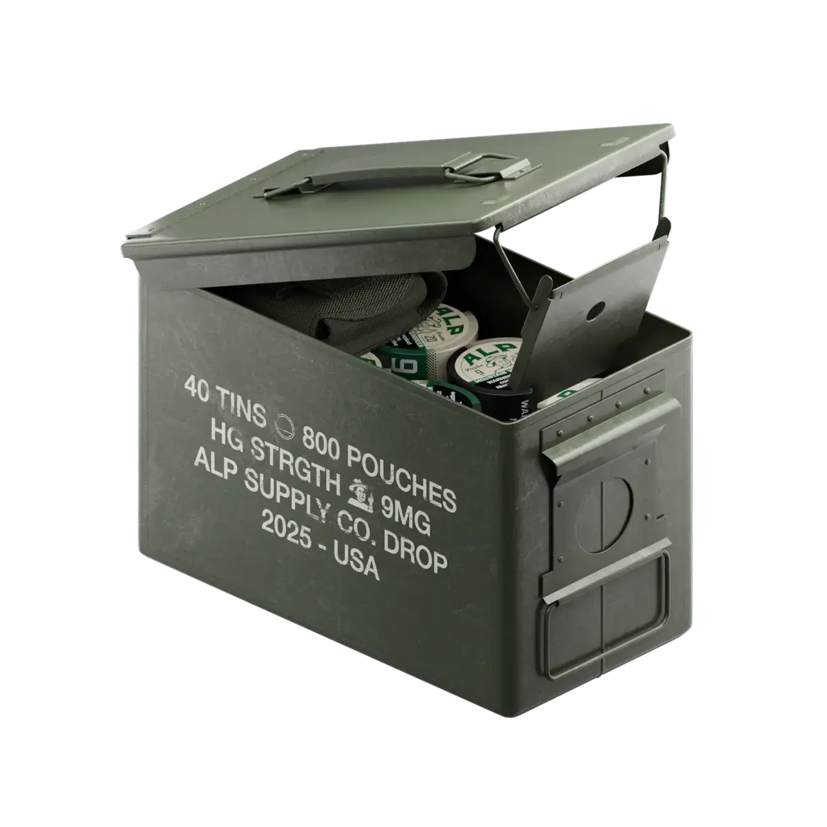 Bulk nicotine pouches packed in a military-style green metal ammo box labeled with 40 tins and 800 pouches.