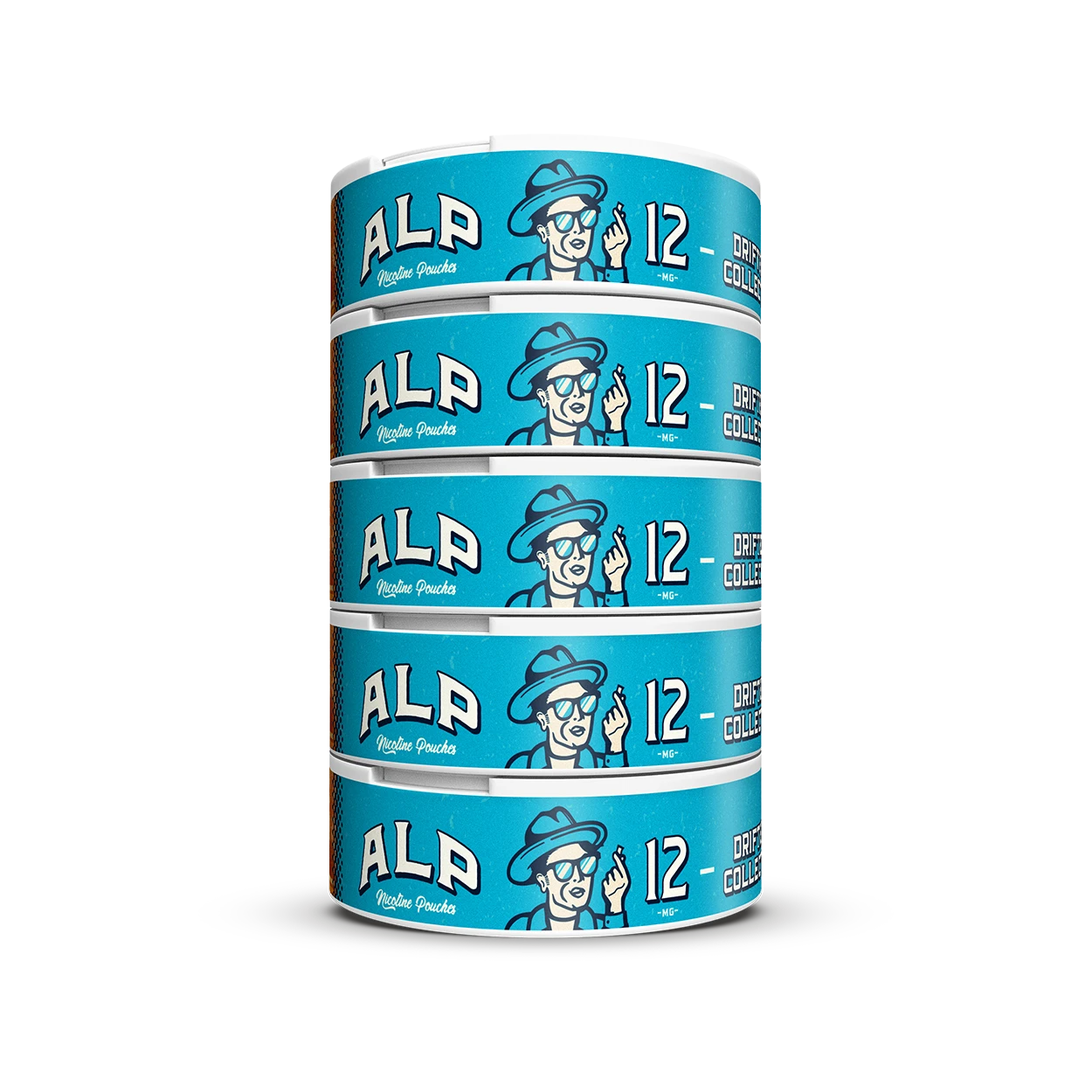 Stack of five teal ALP Mango Freeze 12mg nicotine pouch tins showing side branding.