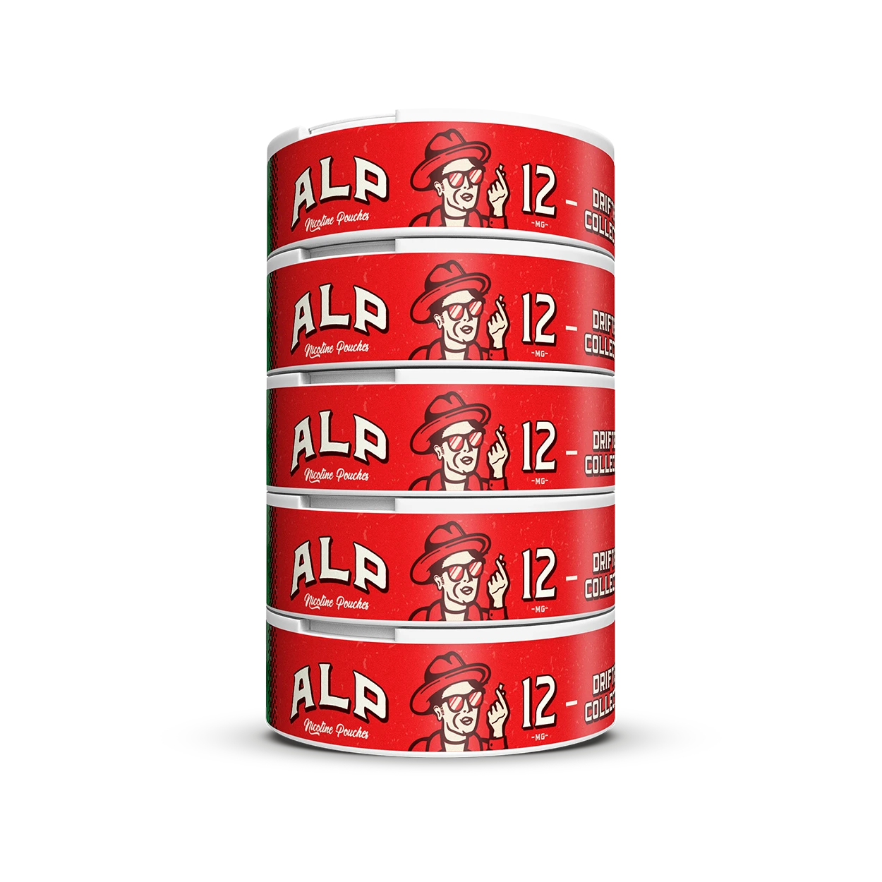 Stack of five red ALP Drifters Collection 12mg nicotine pouch tins showing side branding.