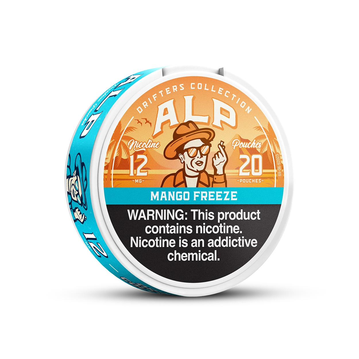 ALP Mango Freeze 12mg nicotine pouch tin lid view showing teal side and orange sunset label design.
