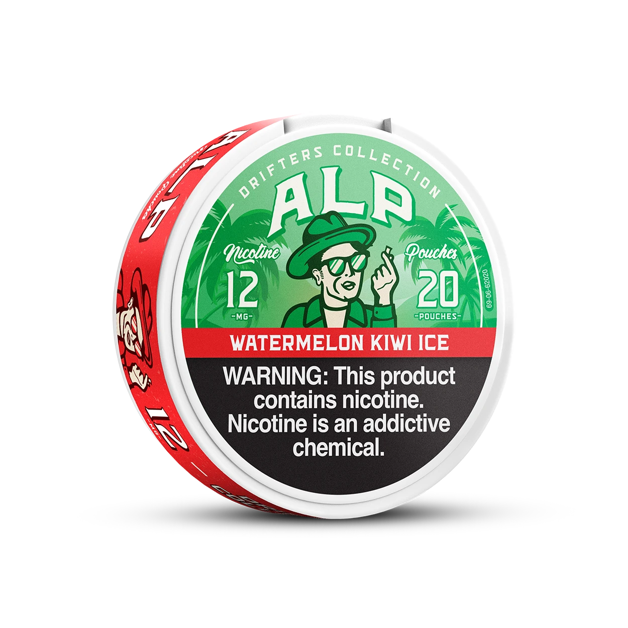 ALP Watermelon Kiwi Ice 12mg nicotine pouch tin lid view showing green and red Drifters Collection design.
