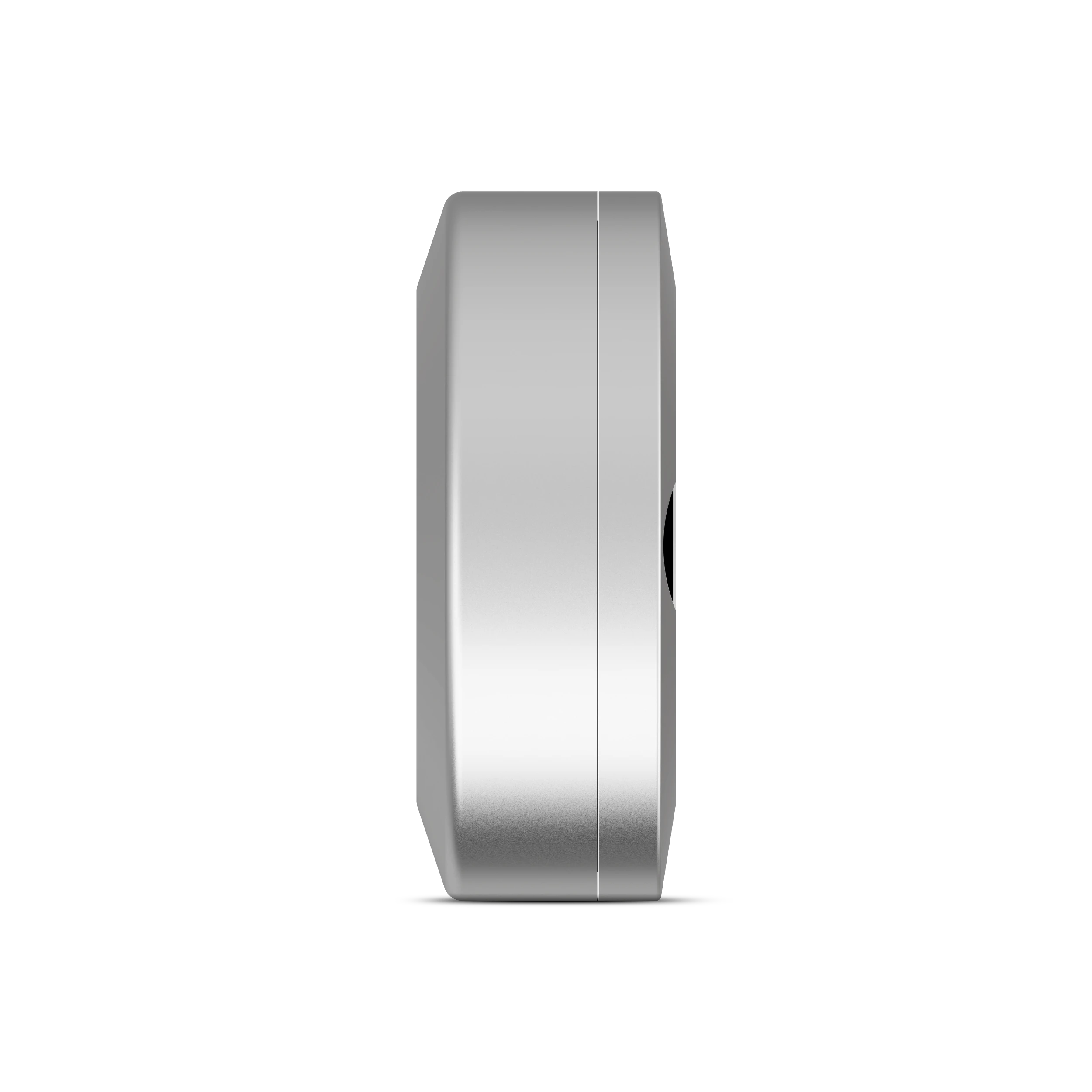 Nicotine pouches container shown from the side with a sleek, silver, round design and seamless lid.
