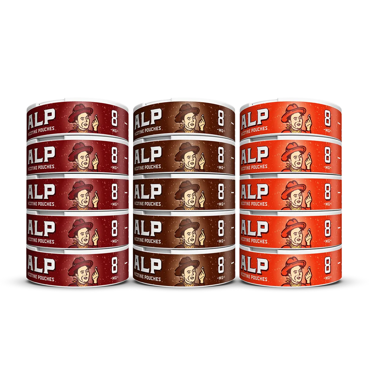 Stacked columns of ALP Frontier Collection cinnamon, coffee, and mango flavored nicotine pouch tins