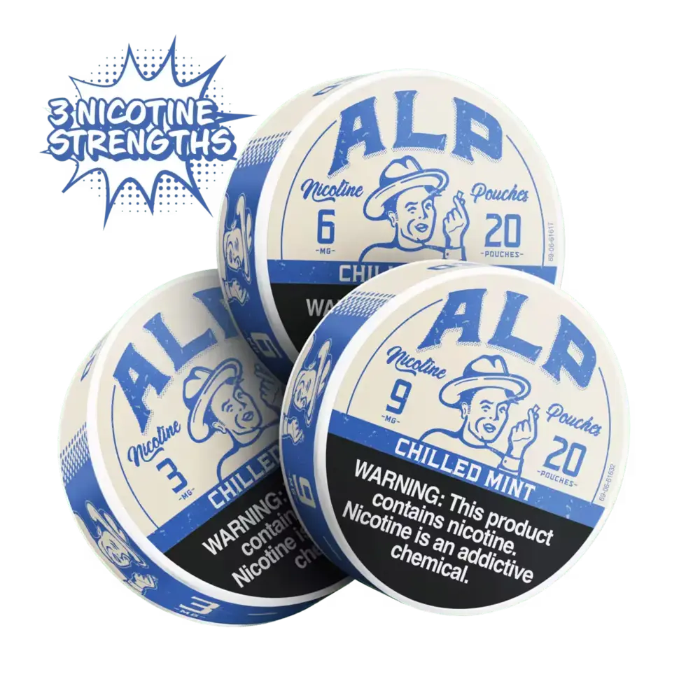 ALP mint nicotine pouches available in 3, 6, and 9 mg strengths, with prominent warning label
