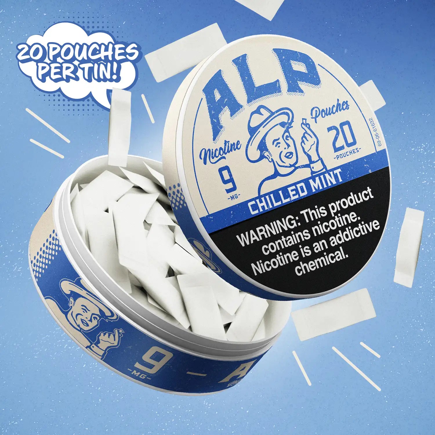 ALP nicotine pouches in Chilled Mint flavor, showcasing 20 pouches per tin for a refreshing experience.