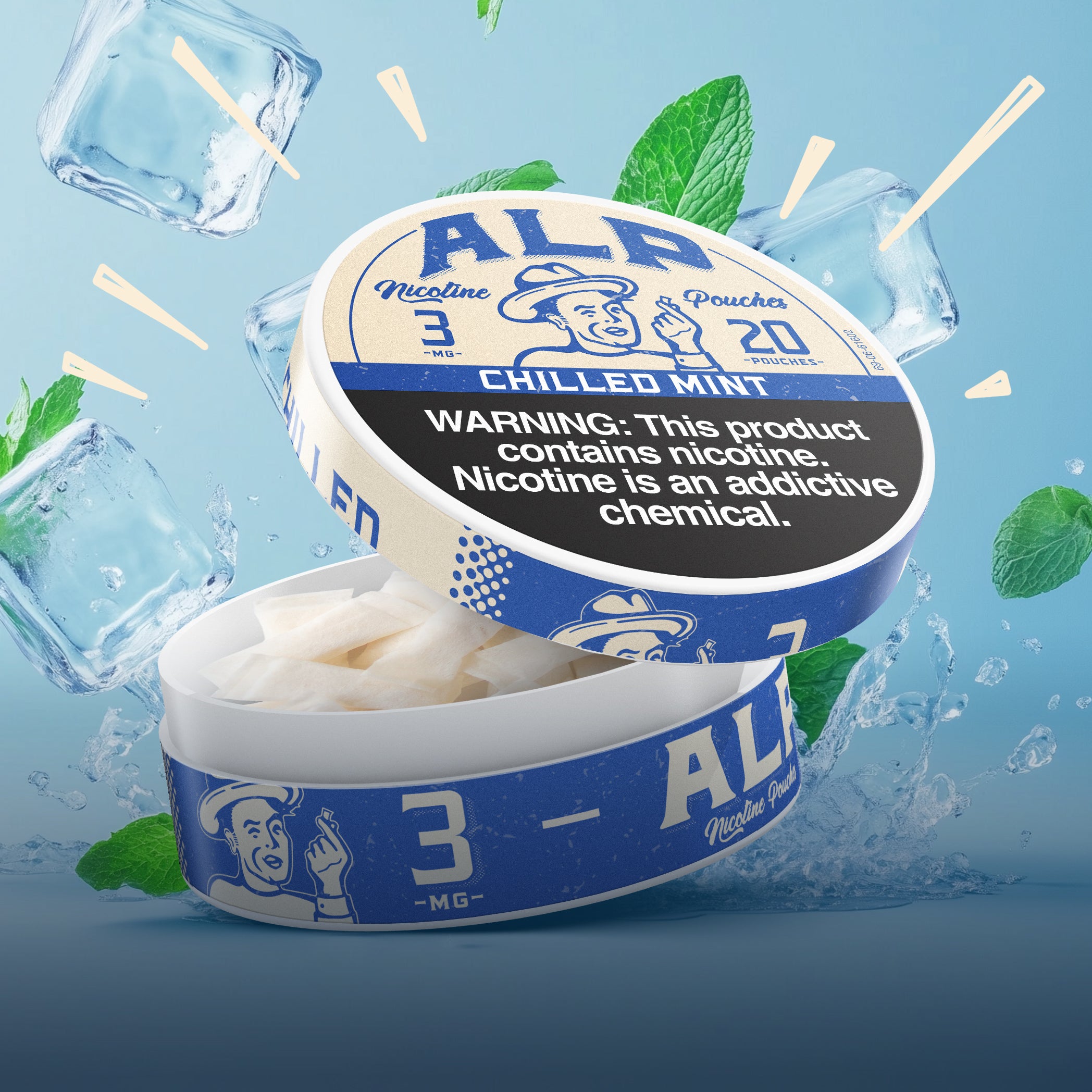 Nicotine pouches online in a chilled mint flavor, displayed with ice cubes and mint leaves for a refreshing appeal.