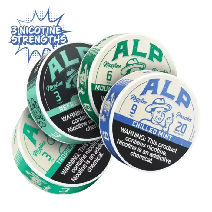 ALP nicotine pouches in different flavors, displayed with three strength options: 3 mg, 6 mg, and 9 mg