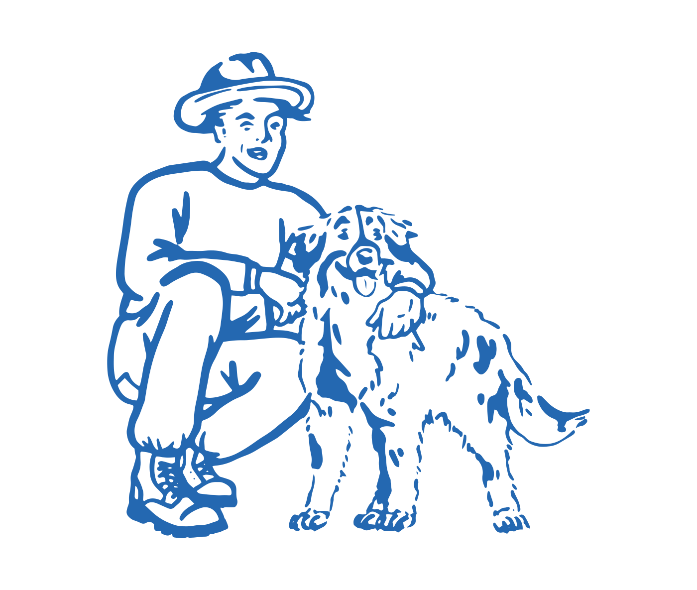 Illustration of a person kneeling beside a dog, representing ALP's support for the Warrior Dog Foundation caring for retired military service dogs.