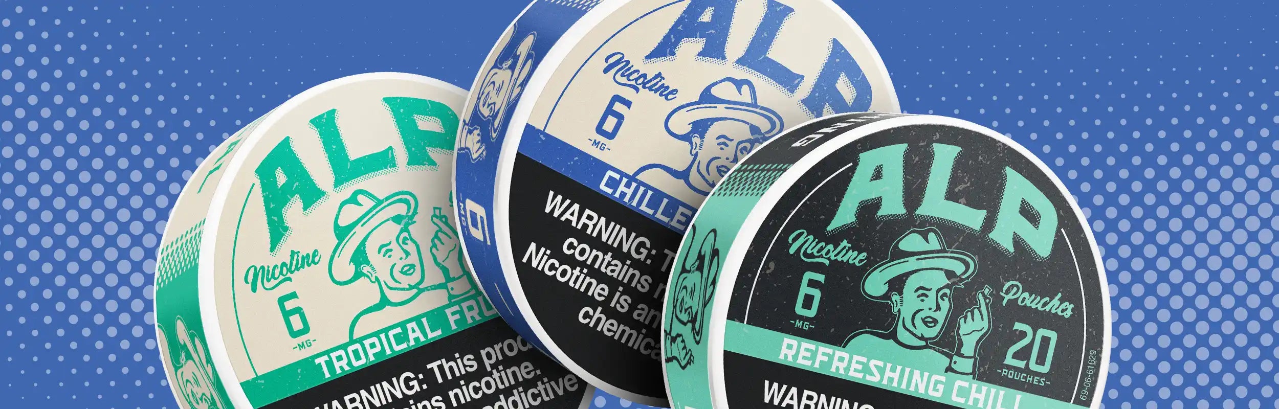 Three ALP nicotine pouch tins in Tropical Fruit, Chilled Mint, and Refreshing Chill flavors, featuring 20 pouches each.