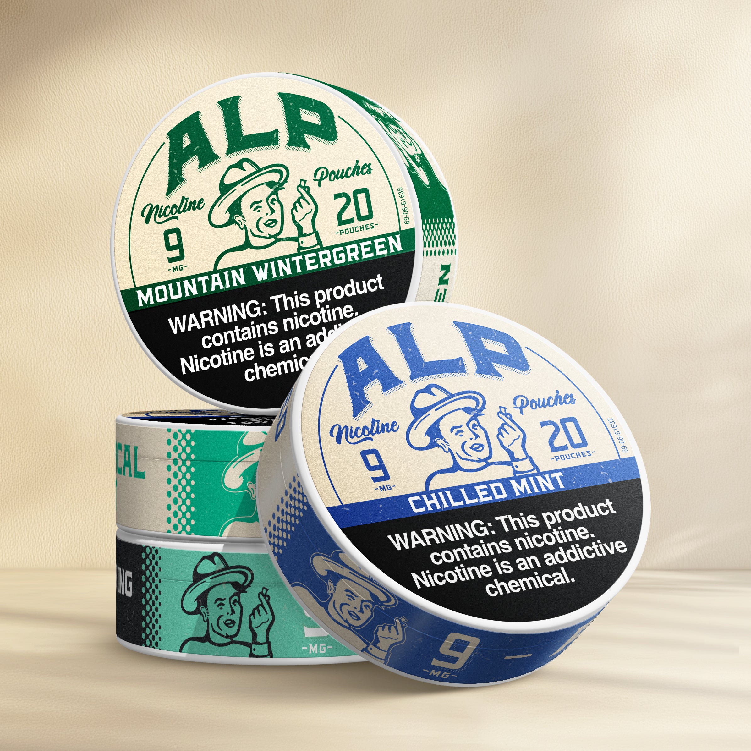Stack of ALP nicotine pouches featuring Mountain Wintergreen, Chilled Mint, and Tropical flavors.