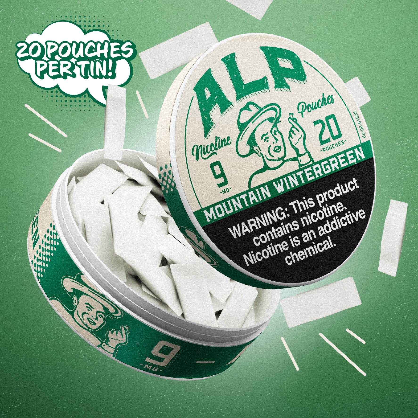 Best nicotine pouches in Mountain Wintergreen flavor with 20 moist pouches per tin for superior nicotine delivery.