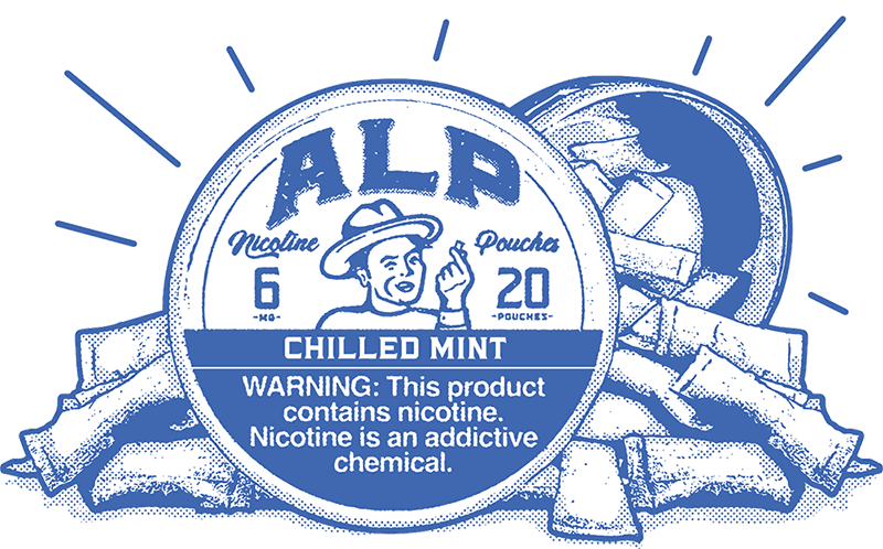 ALP Chilled Mint nicotine pouches tin with a retro design, surrounded by individual pouches and a warning labe