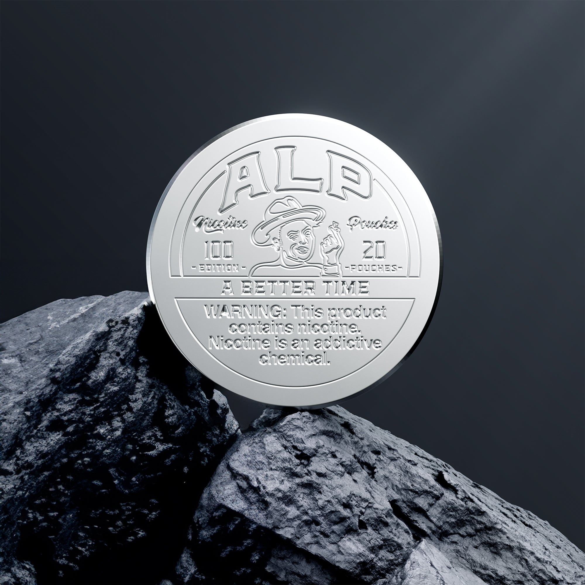 Nicotine pouches tin with a sleek silver design, containing 20 pouches for a smokeless nicotine experience.