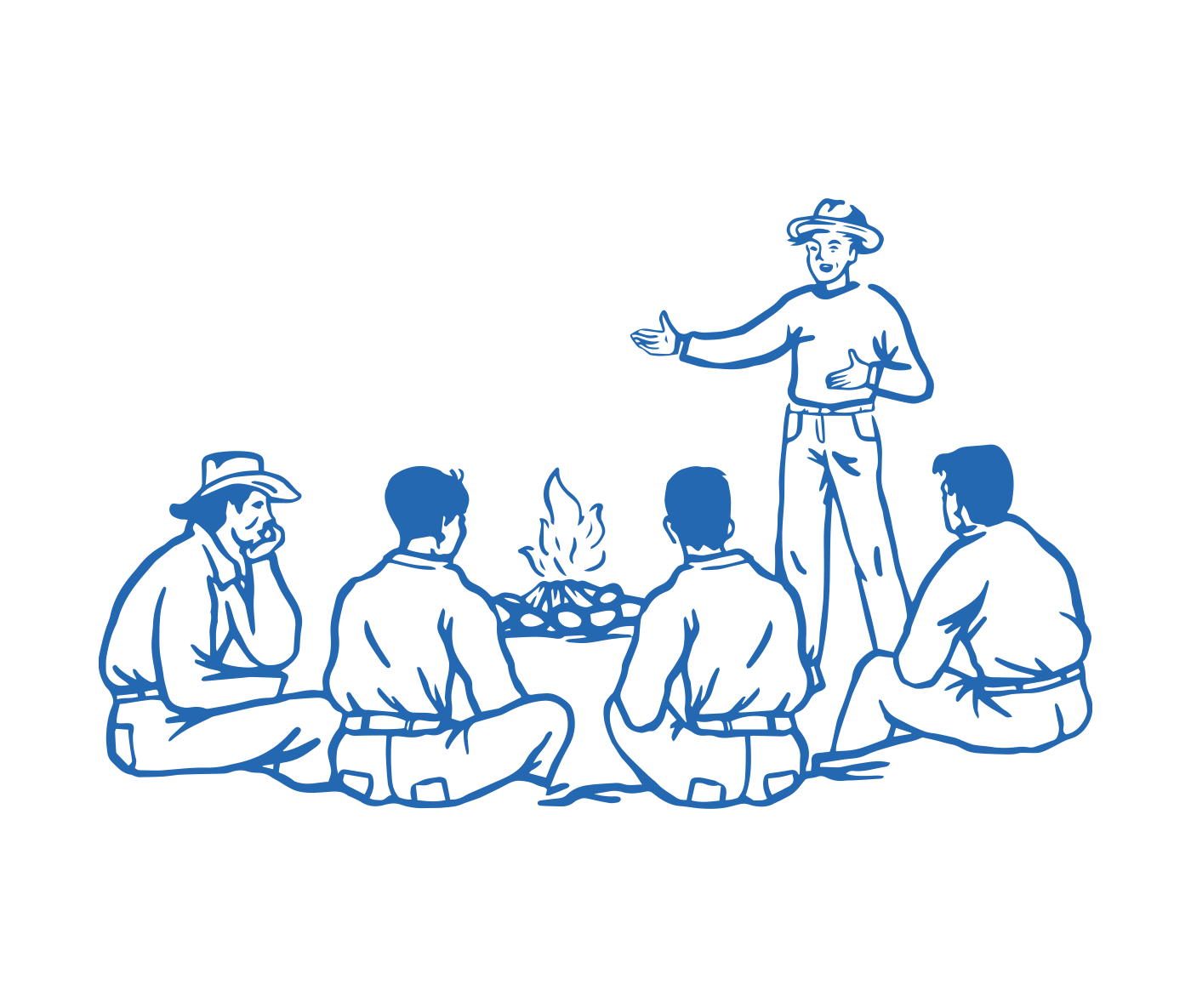 Illustration of people sitting around a campfire, representing ALP's partnership with Foster’s Outriders supporting trade school scholarships.