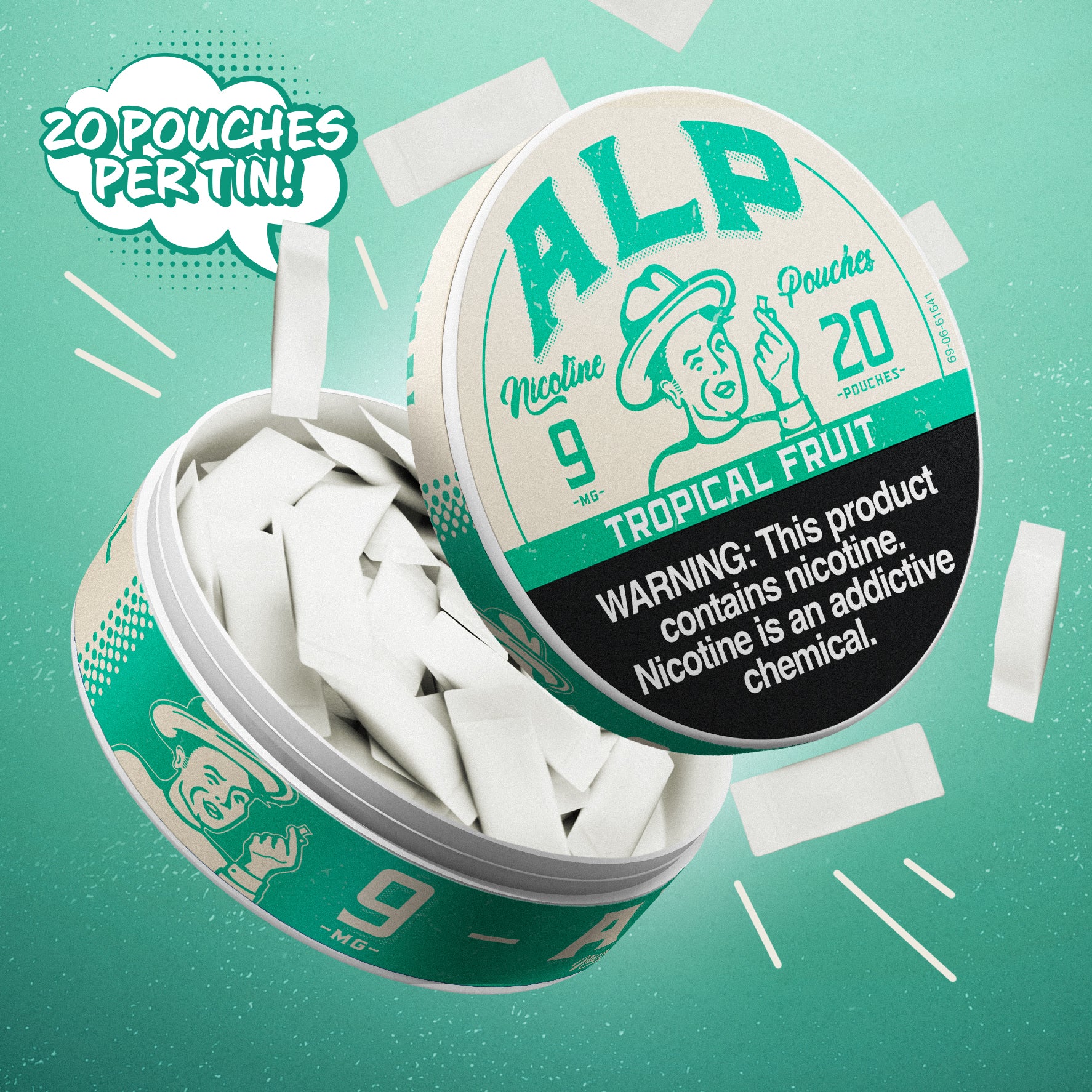 Flavored nicotine pouches in a tropical fruit variety, displayed in an open tin with 20 pouches inside.