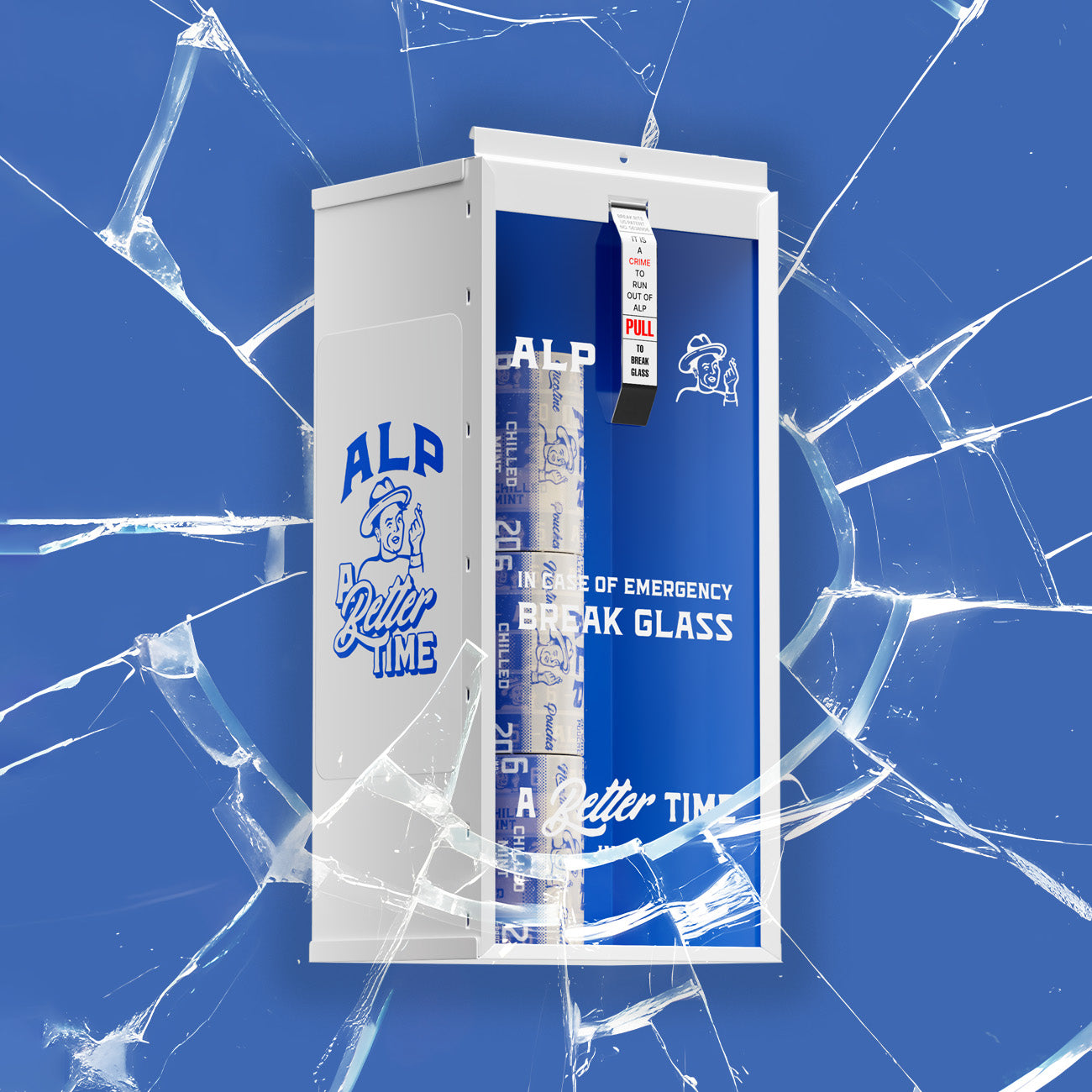 Nicotine pouches displayed in a blue emergency-style break glass case labeled “A Better Time” with shattered glass effect.