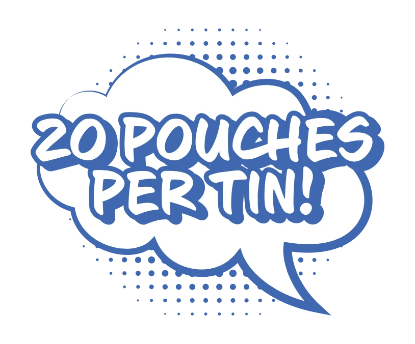 20 pouches per tin written in bold blue text inside a comic-style speech bubble with a dotted background