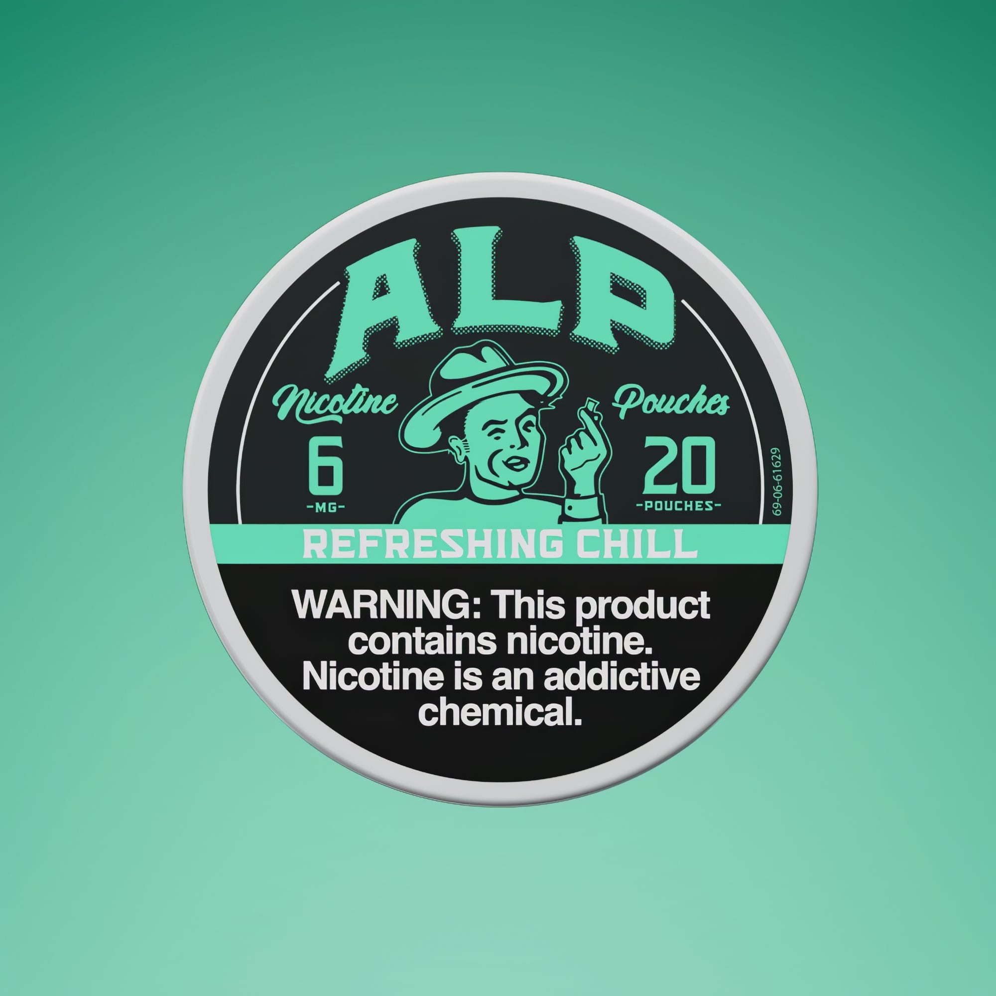 Tobacco-free nicotine pouches in a "Refreshing Chill" flavor, featuring 6mg nicotine and 20 pouches per tin.