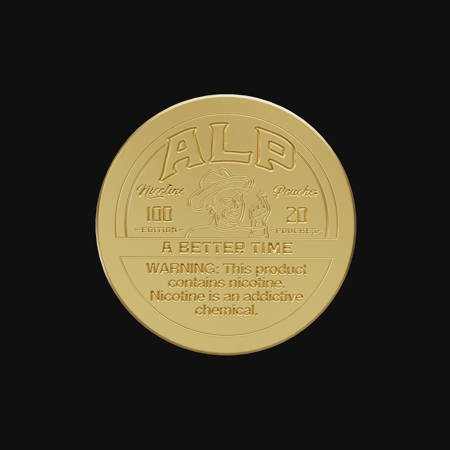 Limited edition gold-colored aluminum tin by ALP, signed by Tucker, includes 60 tins with every nicotine pouch flavor.