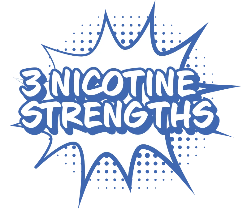 3 nicotine strengths written in bold blue text inside a comic-style starburst with a dotted background
