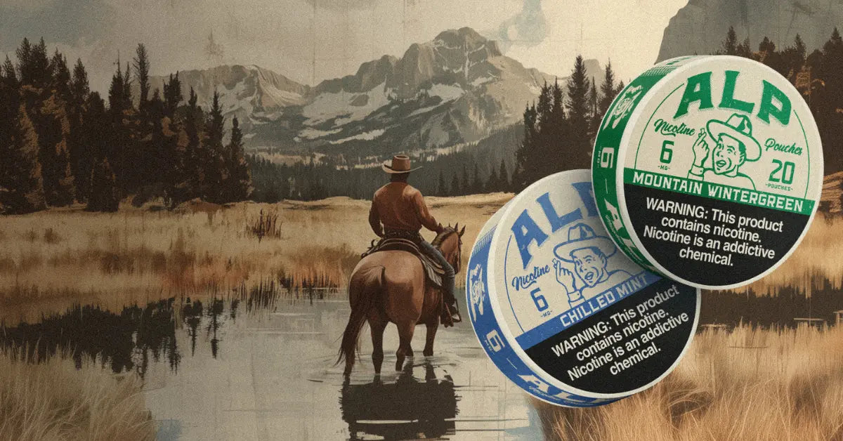 ALP Chilled Mint and Mountain Wintergreen nicotine pouches in a mountain landscape with a cowboy riding a horse