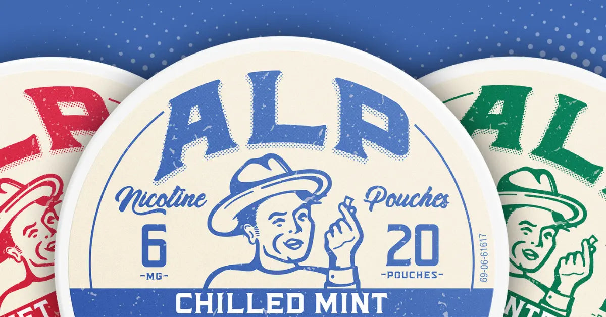 ALP nicotine pouches in red, blue, and green cans, labeled 6 mg