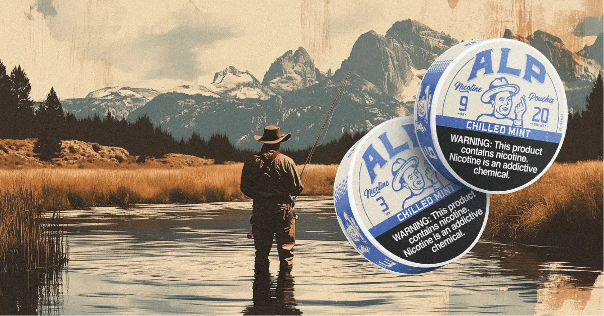 ALP Chilled Mint nicotine pouches with a scenic mountain background featuring a person fly fishing in a lake.