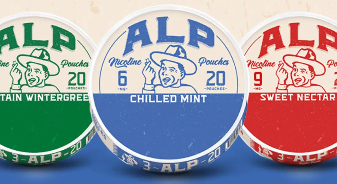 Dip pouches from ALP in Mountain Wintergreen, Chilled Mint, and Sweet Nectar flavors with bold retro designs