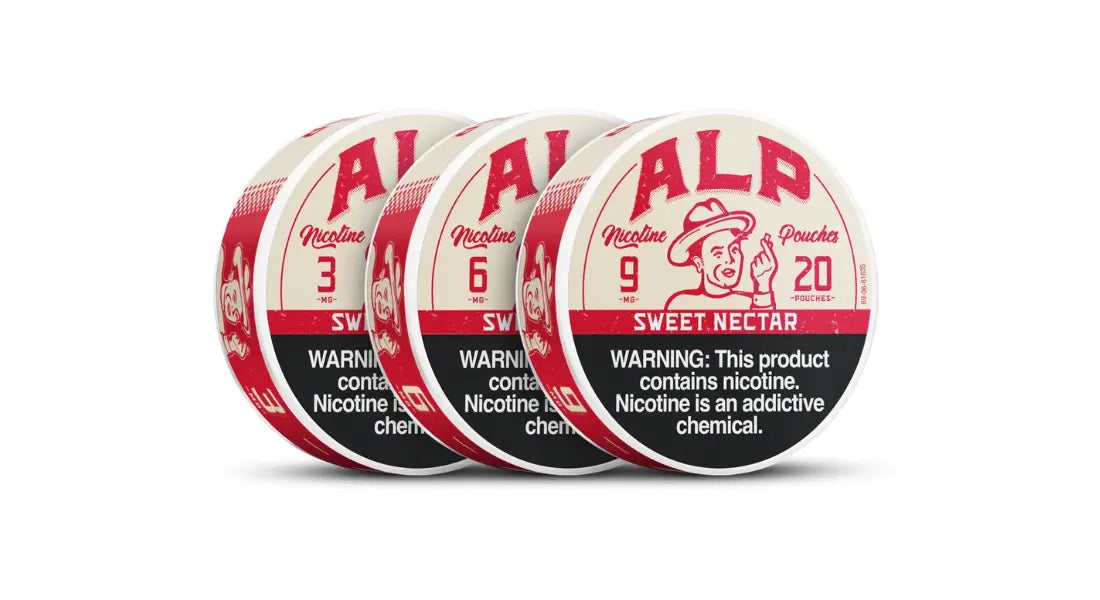 Flavored dip pouches ALP Sweet Nectar nicotine pouches in 3mg, 6mg, and 9mg cans on white background.