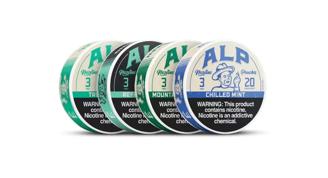 Flavored nicotine pouches lineup of ALP 3mg cans in assorted mint varieties on white background.