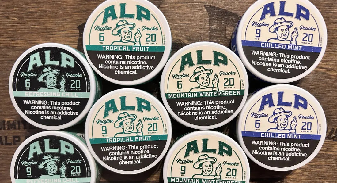 Flavored nicotine pouches in assorted ALP varieties including Tropical Fruit, Chilled Mint, and Refreshing Chill