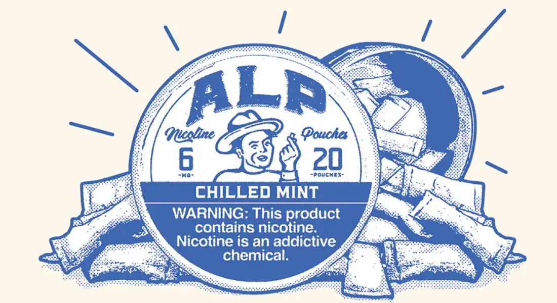 ALP Chilled Mint nicotine pouches illustrated in a blue vintage-style design, emphasizing nicotine for anxiety relief.