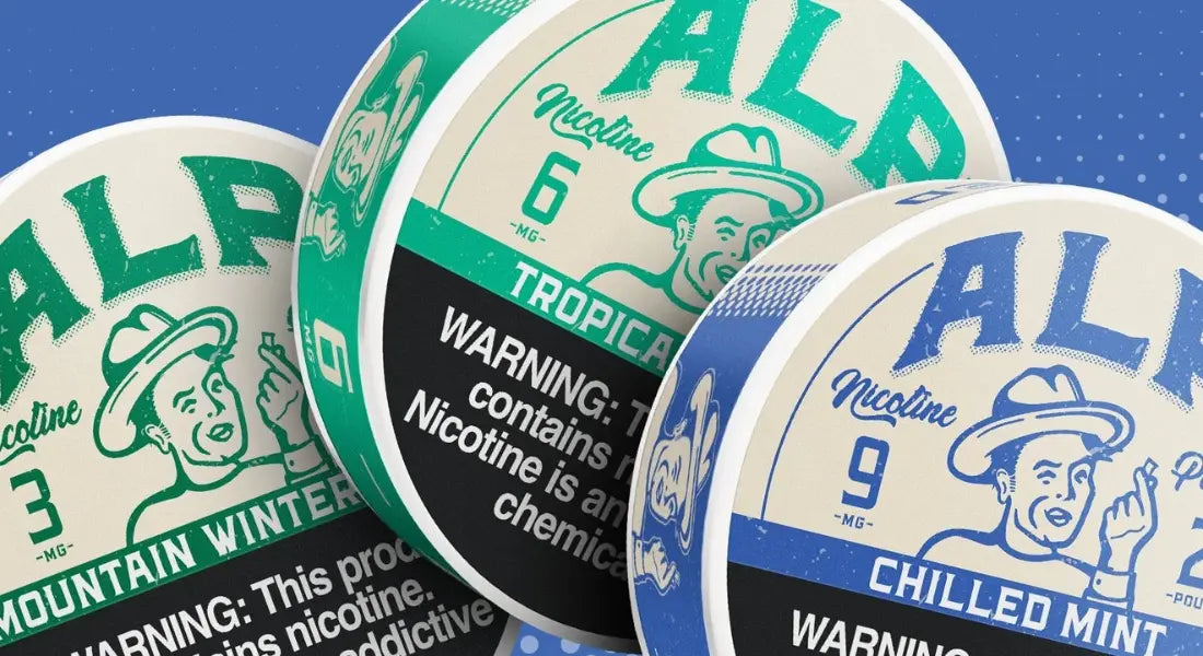 Nicotine pouches from ALP in various flavors and strengths, including tropical fruit, chill, and mint