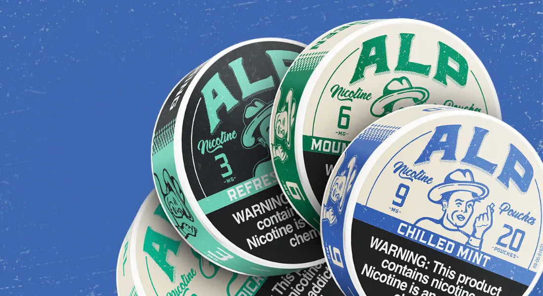 Nicotine replacement pouches in ALP cans, featuring flavors like Refreshing Chill, Mountain Wintergreen, and Chilled Mint.