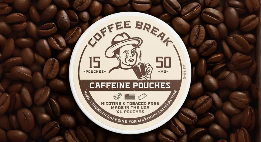 Oral nicotine pouch alternative shown as a Coffee Break caffeine pouch can on a bed of roasted coffee beans.