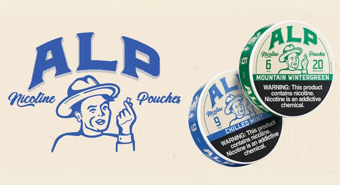 Smokeless nicotine options featuring ALP Chilled Mint and Mountain Wintergreen pouches beside vintage cowboy artwork.