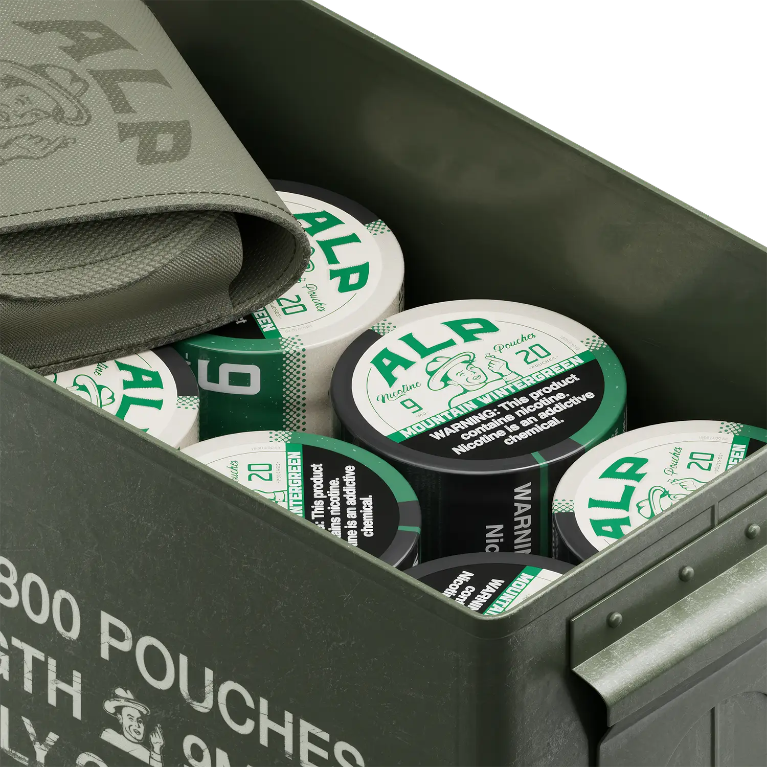 Nicotine pouch delivery in a military-style metal box packed with ALP tins and a branded green fabric pouch.